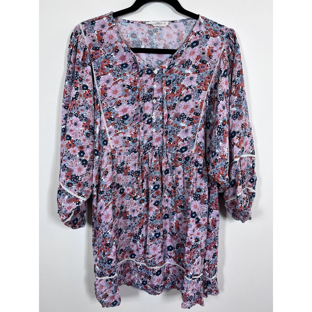 Natural Life Floral Boho Tunic Top M Pink Blue Peasant Blouse Flowy 3/4 Sleeve